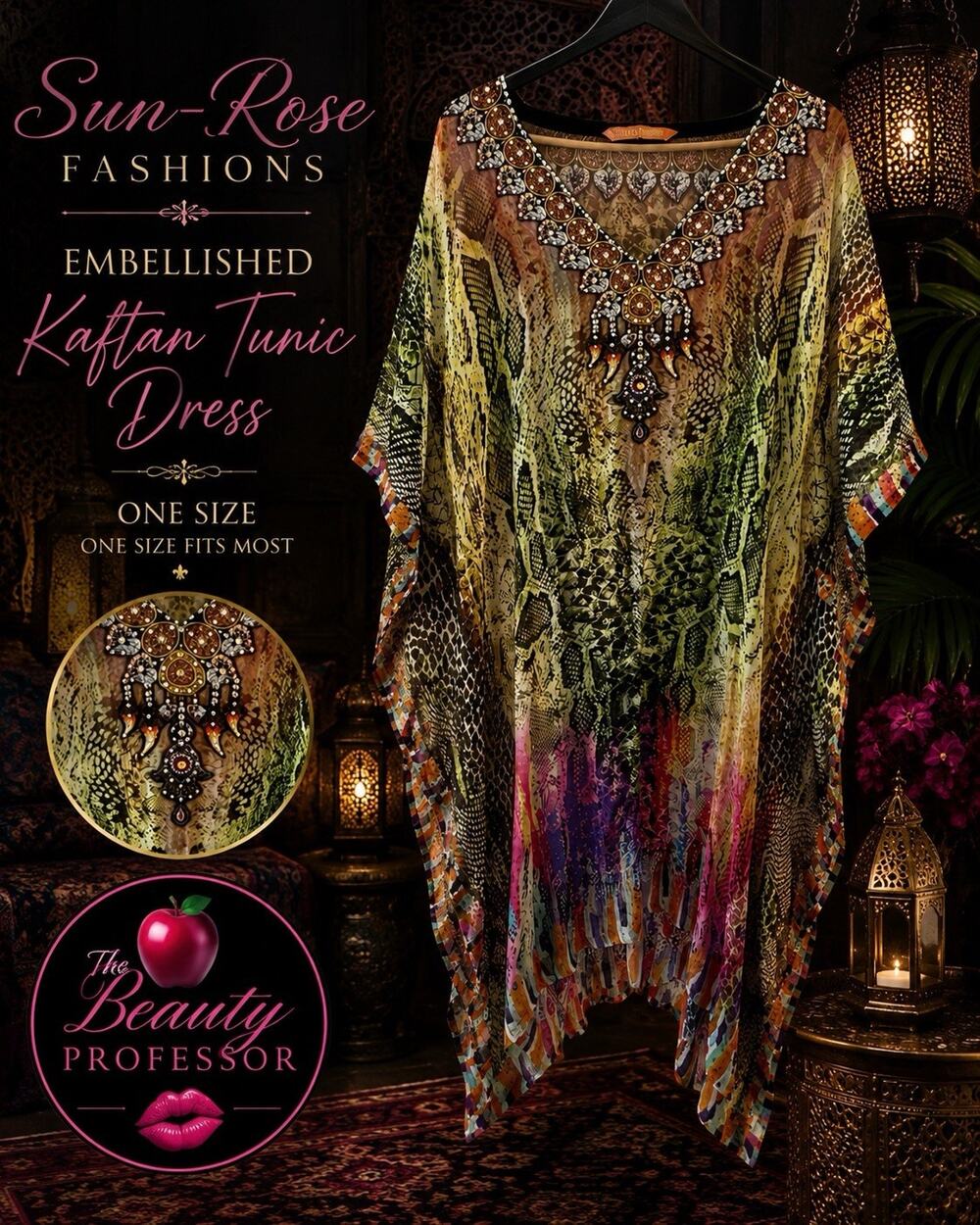 💋 Sun-Rose Fashions Embellished Kaftan Tunic Dress One Size Boho Jeweled